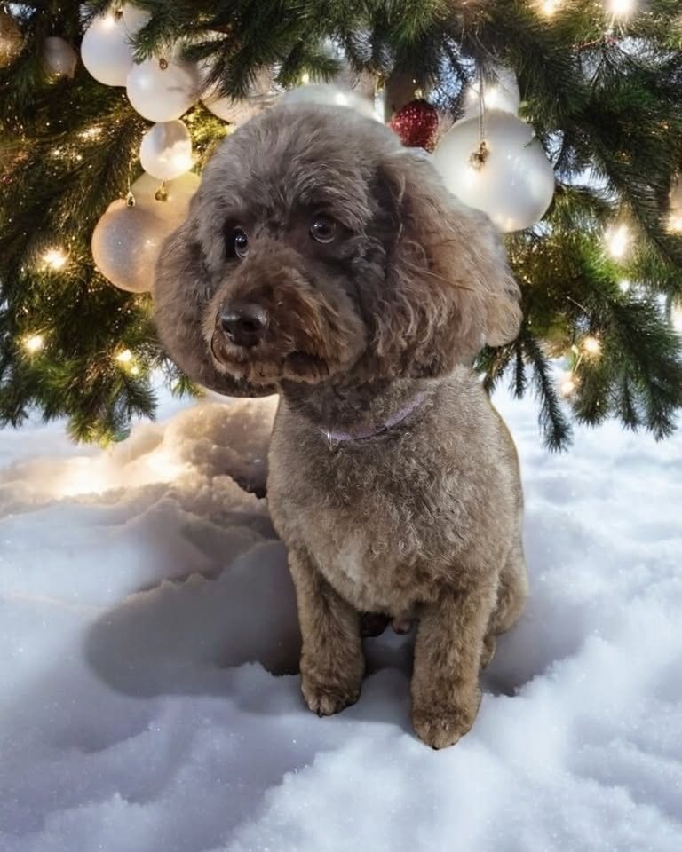 Poodle in the snow by a Christmas tree